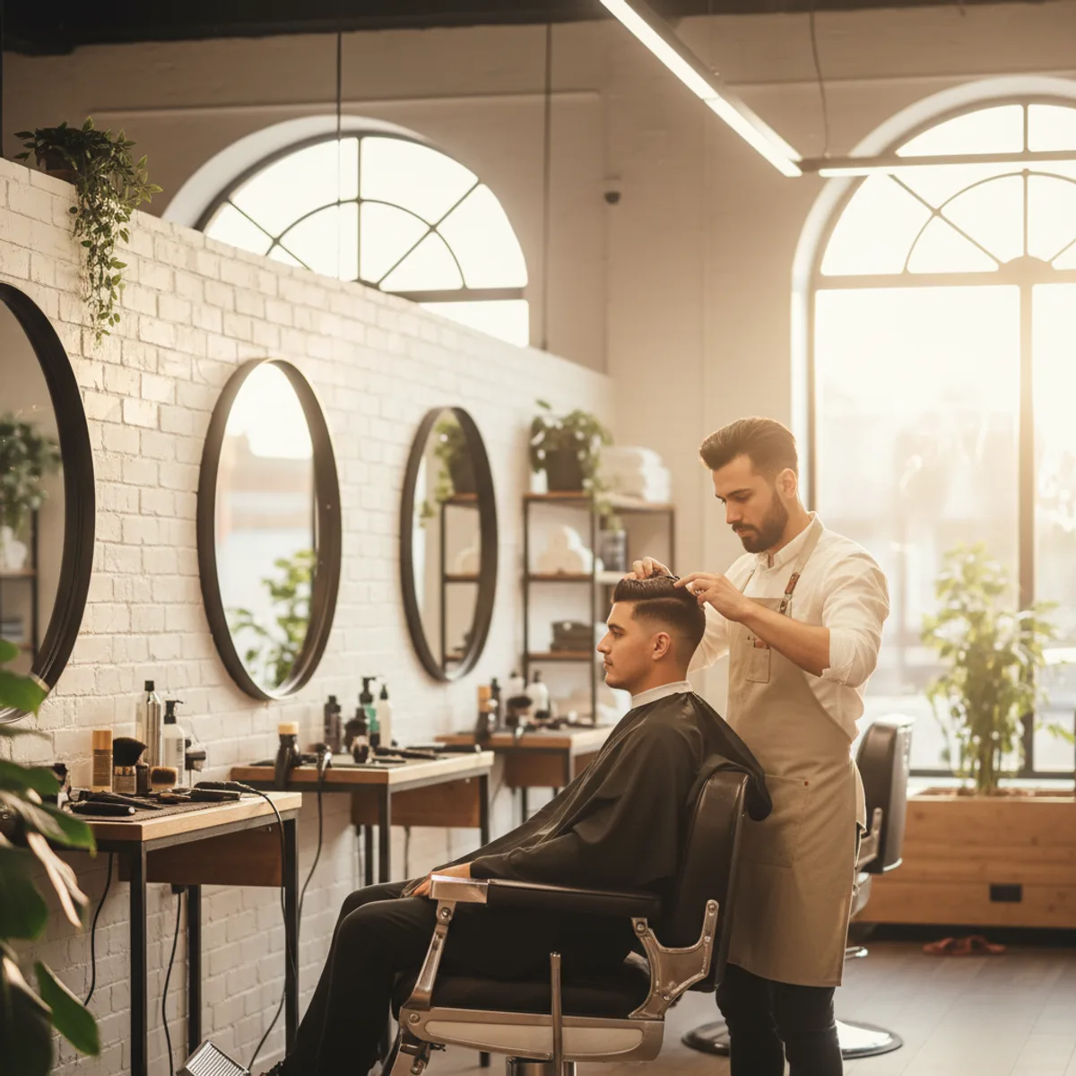 Barbero atendiendo a un cliente en una barbería luminosa