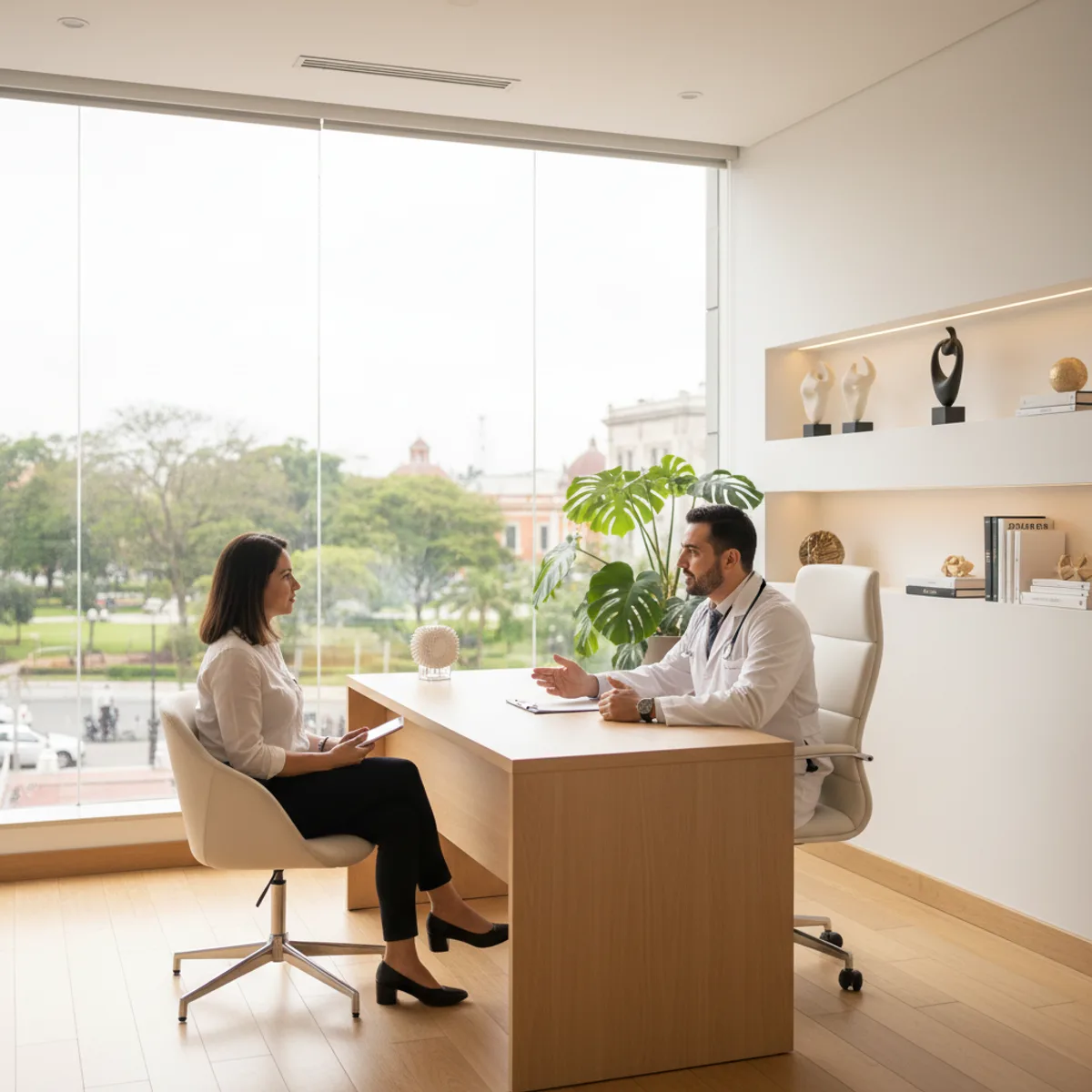 Médico conversando con una paciente en su consultorio