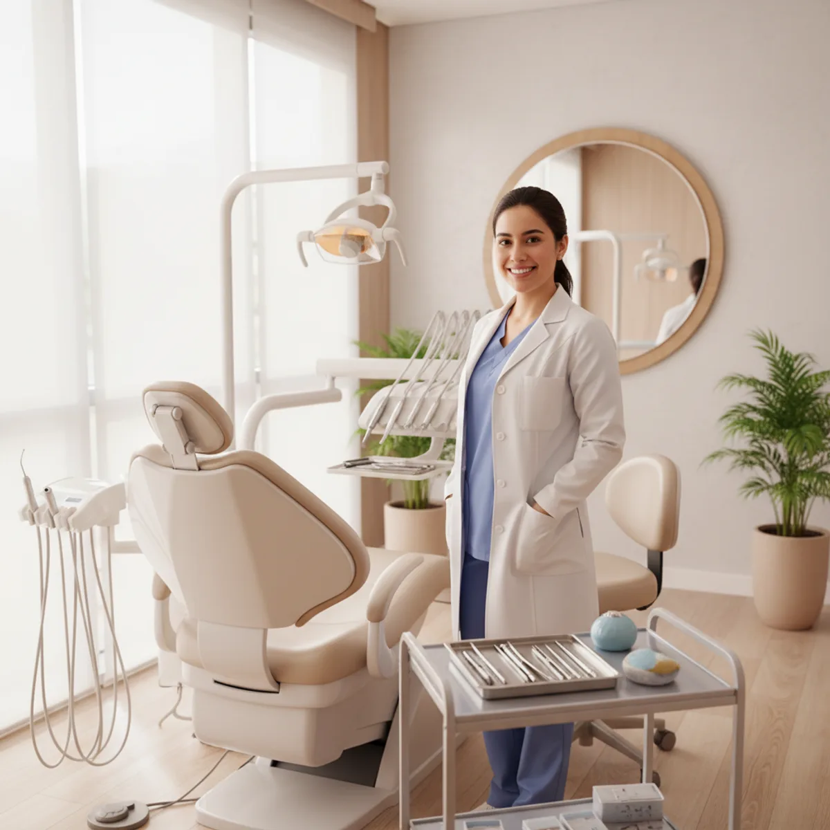 Dentista junto al sillón de una clínica dental moderna
