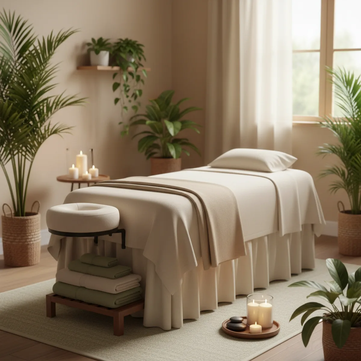 Sala de spa con camilla preparada, velas y plantas