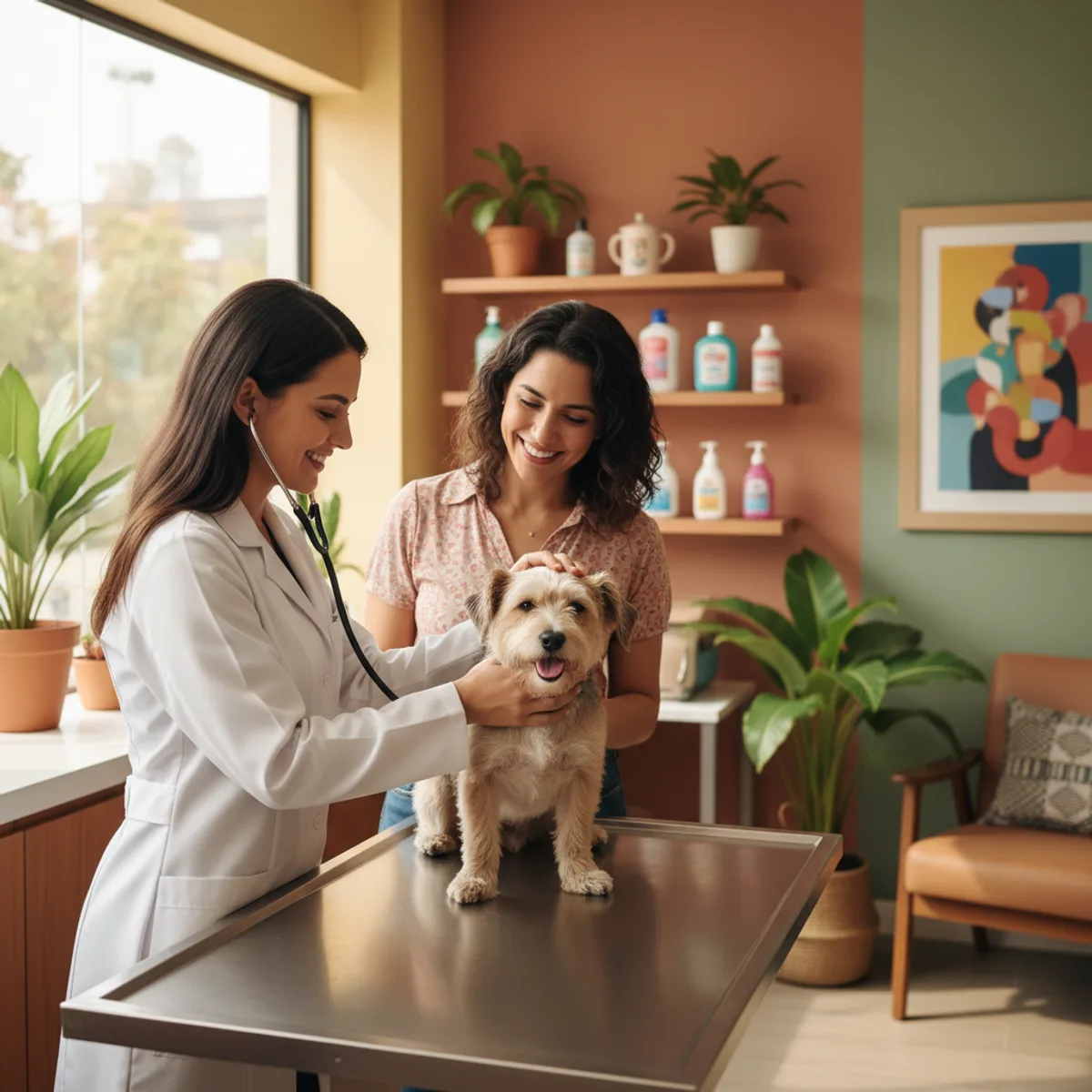 Veterinaria revisando a un perro acompañada de su dueña