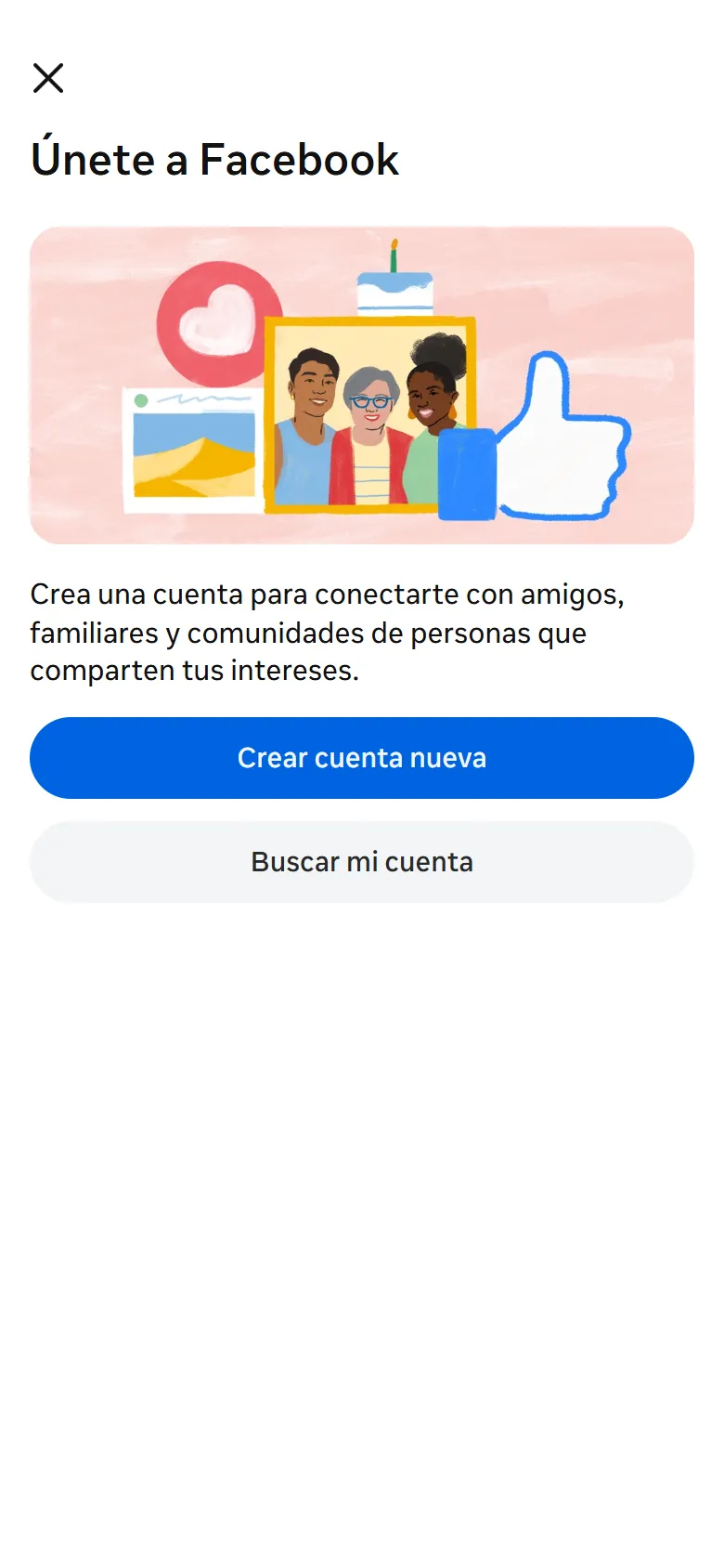 Pantalla Únete a Facebook con el botón Crear cuenta nueva