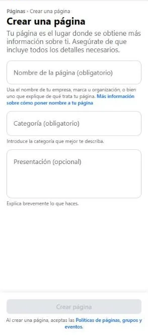 Formulario Crear una página de Facebook con nombre, categoría y presentación