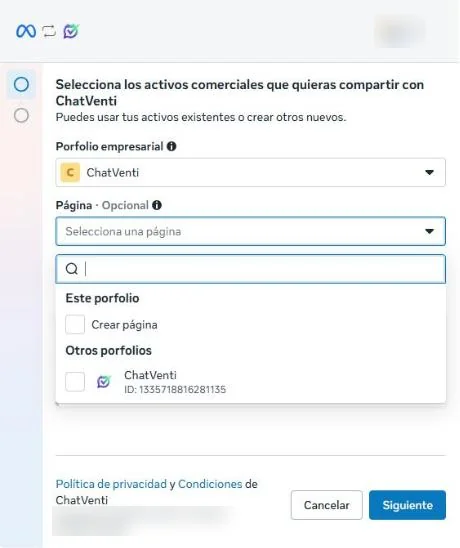 Ventana de Facebook para elegir la página que se comparte con ChatVenti
