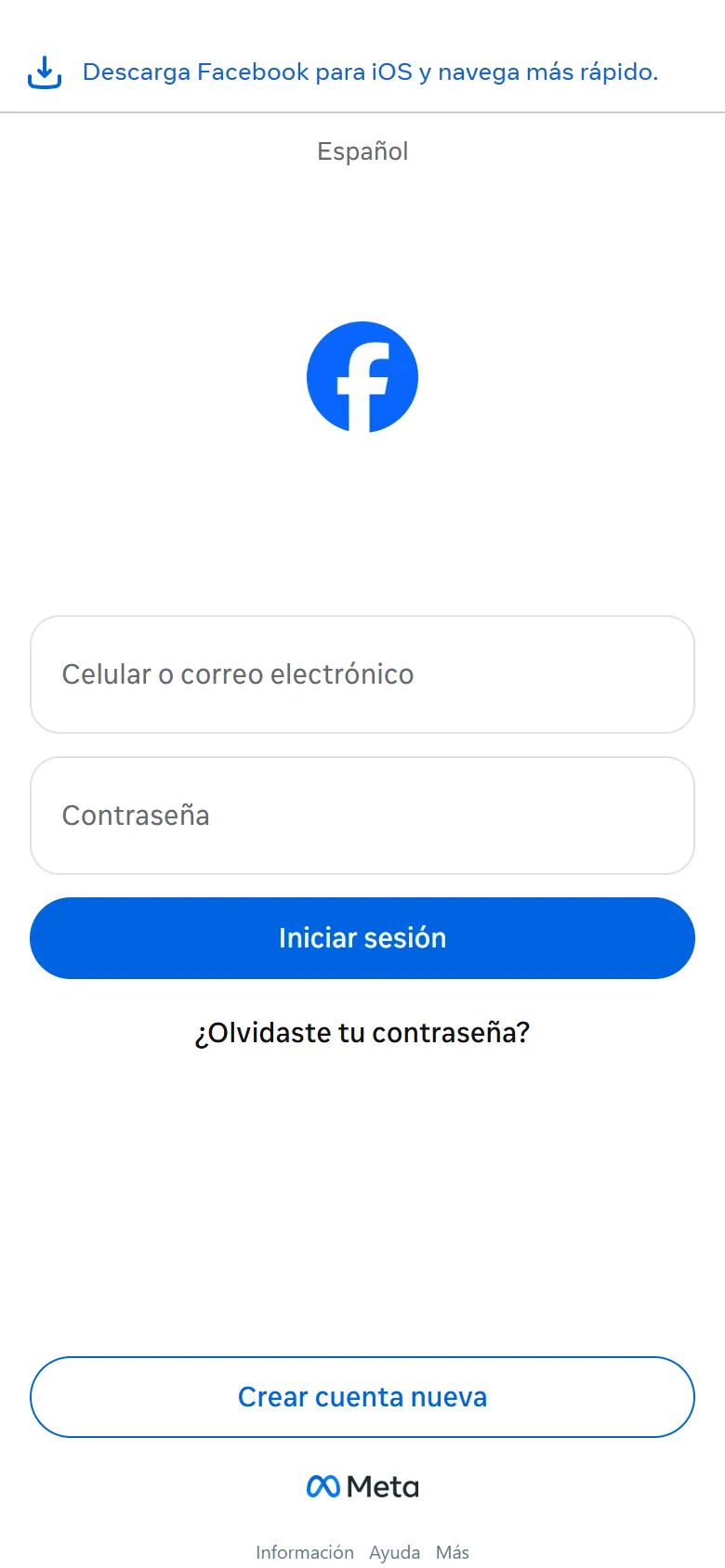 Pantalla de inicio de Facebook en el celular, con los campos para entrar y el botón Crear cuenta nueva