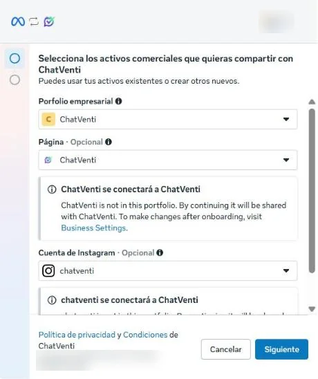 Ventana de Facebook con la página y la cuenta de Instagram elegidas