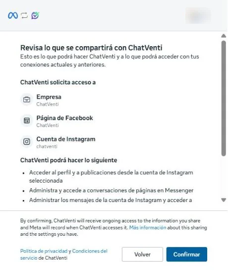 Ventana de Facebook con lo que se compartirá con ChatVenti y el botón Confirmar