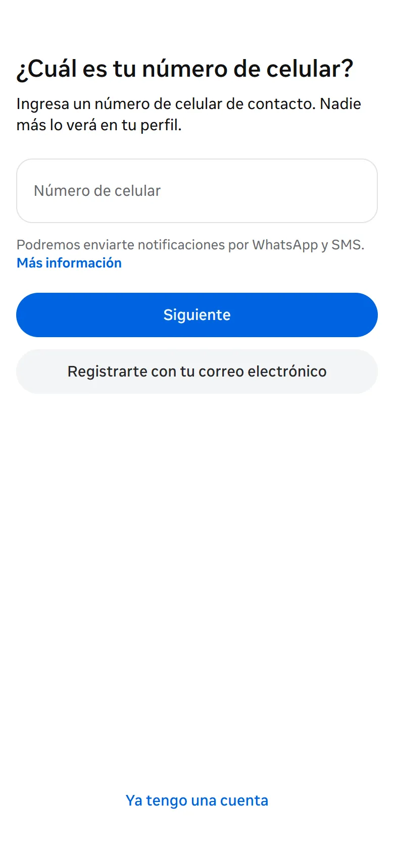 Pantalla para crear una cuenta de Instagram en el celular